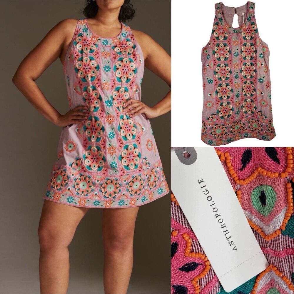 Anthropologie Pink Embroidered Mini Dress